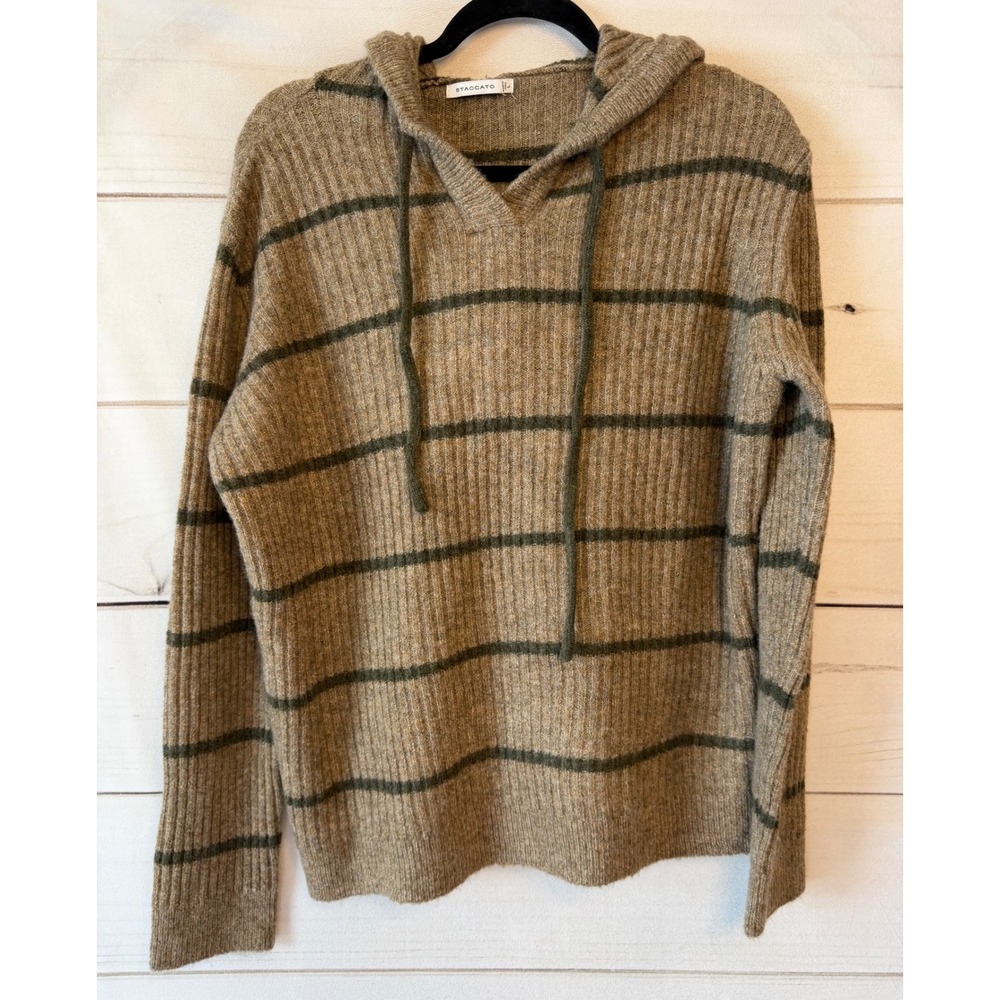 Staccato Women Tan Olive Green Striped Ribbed Knit Hooded Sweater Size L 54766